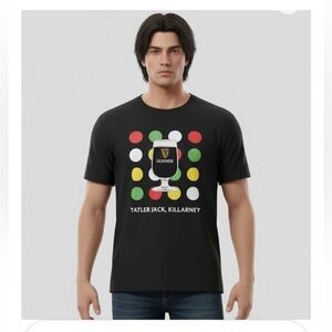 NWOT Guinness Men’s Size LARGE Black T-Shirt with Colorful Dot Design